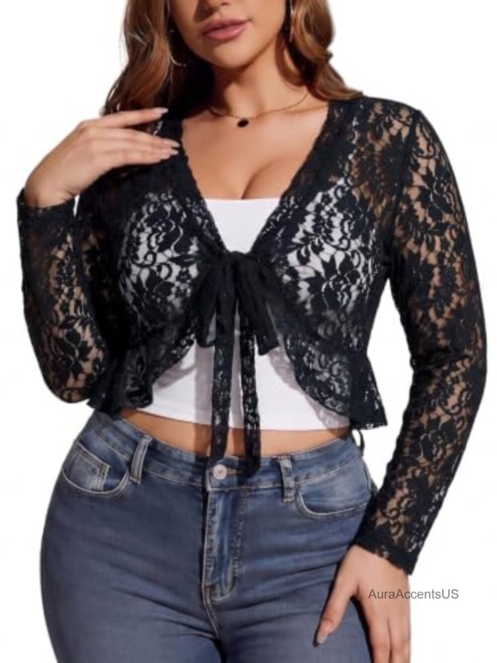 Plus Size Lace Bolero Shrug Tie Front Cropped Cover Up Long Sleeve Cardigan